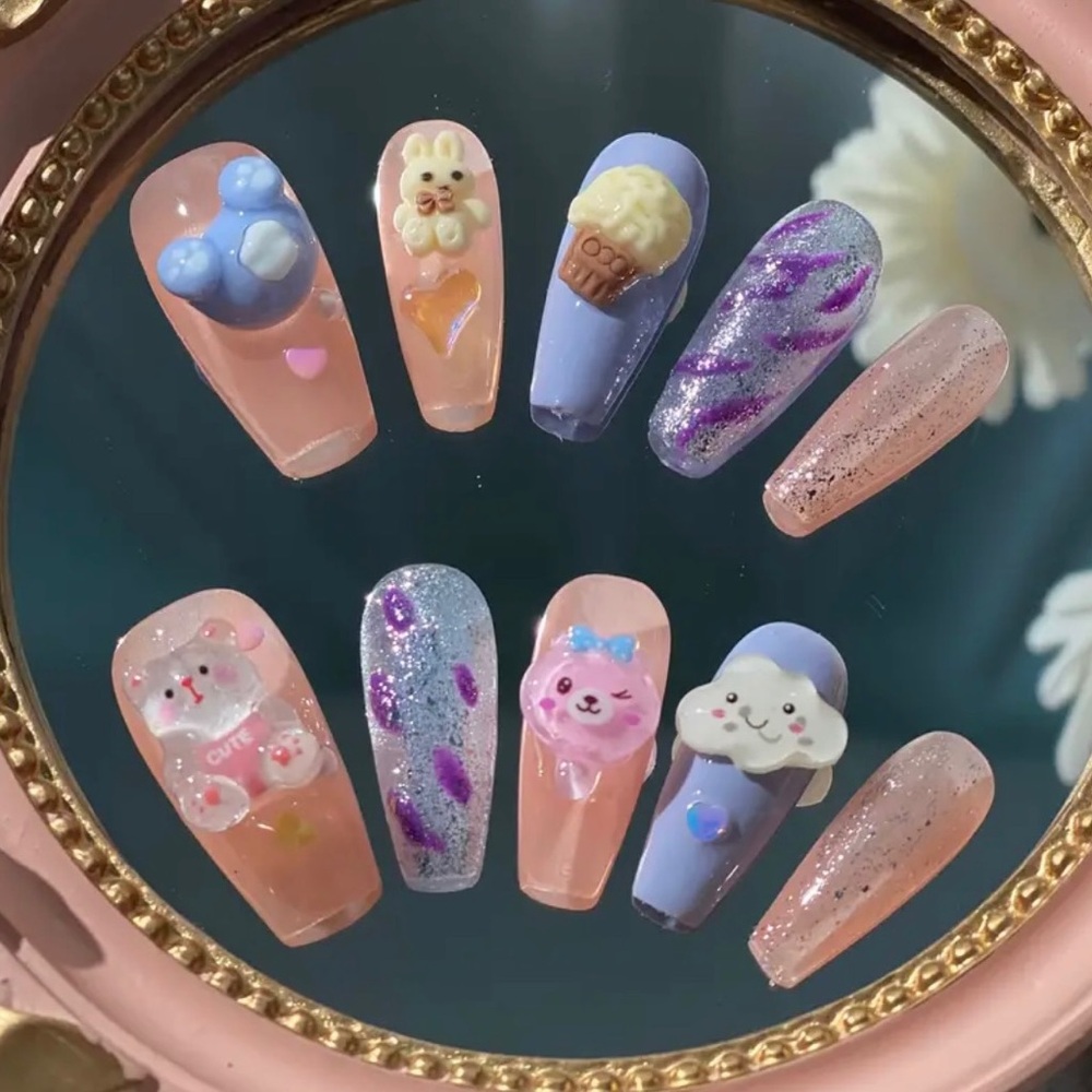 Gorgeous handmade 3D press-on pink and purple charm nails. (Nail Glue Included!)